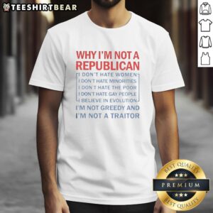Alt Text: Premium Why I'M Not A Republican I'M Not Greedy T-Shirt showcasing a bold political statement in stylish design.