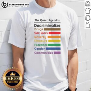 Awesome The Queer Agenda T-Shirt promoting decriminalization of drugs, sex work, and freedom for gender communities.