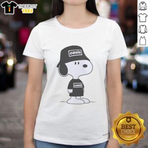 Alt Text: Pretty Oasis Snoopy Ladies Tee featuring a colorful graphic of Snoopy in a serene landscape, perfect for casual wear.