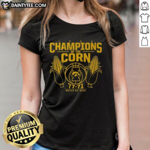 Awesome Iowa Basketball Champions of the Corn ladies tee featuring vibrant design, perfect for fans and supporters.