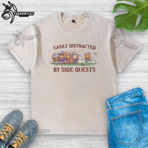 Premium 'Easily Distracted by Side Quests' Cats Washed T-Shirt featuring playful cat graphics and soft fabric.