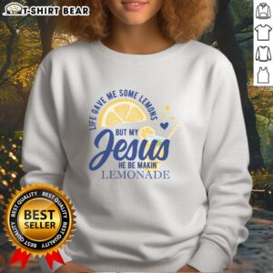 Cozy sweatshirt featuring 'Nice Life Gave Me Lemons But My Jesus Makes Lemonade' design, perfect for casual wear.