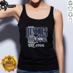 Premium UConn Huskies basketball graphic tank top featuring vibrant team colors and logo, perfect for fans and athletes.