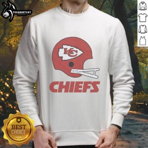 Hot Kansas City Chiefs football logo displayed on a stylish big helmet sweatshirt for fans.