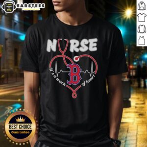 Good Boston Red Sox MLB Nurse 'It's A Work of Heart' Stethoscope T-Shirt showcasing team spirit and healthcare pride.