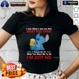 Nice stitch holding beer mug on 'I Am What I Am' ladies tee, perfect for casual outings and beer lovers.