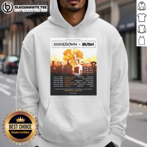 Alt Text: Top Shinedown X Bush Dance Kid Dance Act II Tour Australia 2026 poster on a hoodie, showcasing vibrant tour graphics.
