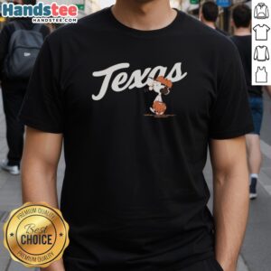 Alt Text: Nice Peanuts Texas Lucy In Outfield T-Shirt featuring Lucy from Peanuts in a baseball scene, perfect for fans.