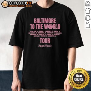 Alt Text: Official Angel Reese Chicago Sky 'Baltimore To The World Tour' T-Shirt featuring bold graphics and team colors.