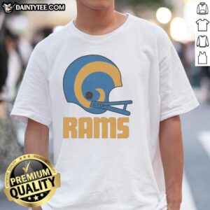 Alt Text: Awesome Los Angeles Rams football logo displayed on a big helmet t-shirt, perfect for fans and game day attire.