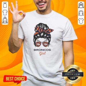 Official Denver Broncos Girl Messy Bun Glasses T-Shirt featuring a stylish design perfect for fans and casual wear.