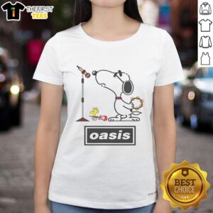 Pretty Oasis Snoopy and Woodstock ladies tee featuring a vibrant design perfect for casual wear and fans of Peanuts.