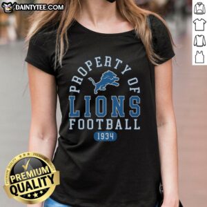 Alt Text: Awesome Detroit Lions Football Property 1934 Ladies Tee in blue with team logo, perfect for female fans.