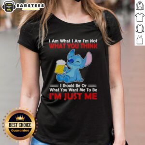 Alt Text: Awesome stitch holding beer mug on 'I Am What I Am' ladies tee, perfect for fun casual wear and unique style.