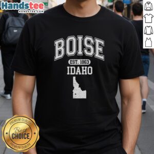 Official Boise Idaho Est. 1863 varsity t-shirt featuring a stylish design, perfect for showcasing local pride.