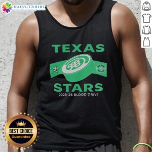 Alt Text: Awesome Texas Stars 2025-26 Blood Drive tank top featuring vibrant design and community spirit for a good cause.