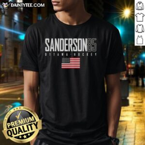 Alt Text: Cute Jake Sanderson 85 Ottawa Senators t-shirt featuring USA flag design, perfect for hockey fans and supporters.
