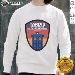 Good Tardis Expeditions All of Time and Space Police Call Box Sweatshirt featuring iconic Doctor Who design.