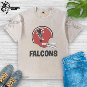 Atlanta Falcons football logo on a big helmet graphic featured on a washed t-shirt for fans.