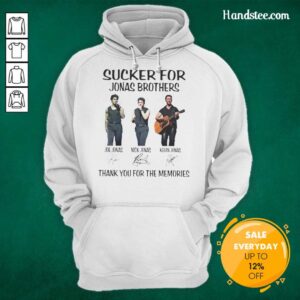 Premium Joe Jonas, Nick Jonas, Kevin Jonas 'Sucker For Jonas Brothers' Signature Hoodie displayed on a hanger.
