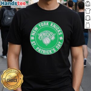 Premium New York Knicks St. Patrick's Day shamrock green T-shirt featuring team logo and festive design for basketball fans.
