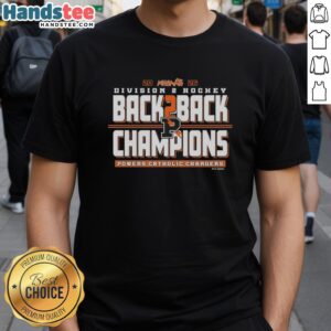 Nice Powers Catholic Chargers 2026 MHSAA Hockey Division 2 Back-to-Back Champions T-Shirt design featuring team colors.