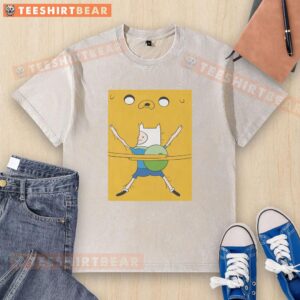 Hot Finn hugging Jake in a bro hug on Adventure Time movie washed t-shirt, showcasing a vibrant cartoon design.