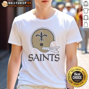Alt Text: Official New Orleans Saints football logo displayed on a big helmet t-shirt, perfect for NFL fans and game day attire.