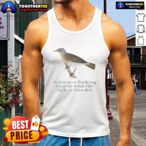 Unique tank top featuring a humorous graphic of Jesus riding a bicycle, perfect for quirky fashion enthusiasts.