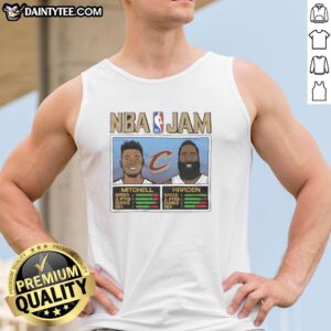 Hot NBA Jam Cavs Mitchell and Harden tank top featuring vibrant graphics for basketball fans and collectors.
