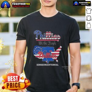 Alt Text: Awesome Philadelphia Phillies We The People Semiquincentennial State Map T-Shirt featuring vibrant design and team colors.