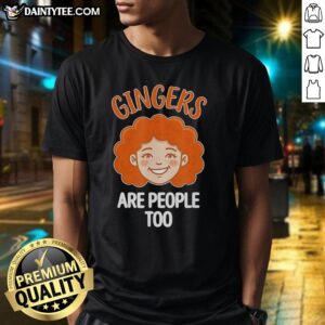 Alt Text: Funny redhead pride t-shirt featuring the slogan Good Gingers Are People Too showcasing vibrant ginger humor.