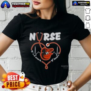 Women's Baltimore Orioles MLB tee with stethoscope design, perfect for nurses and baseball fans. A work of heart!