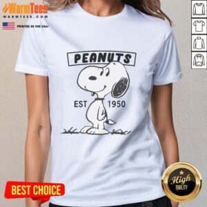 Adorable Cute Peanuts Snoopy Smile tee for ladies, established 1950, featuring a cheerful Snoopy graphic.