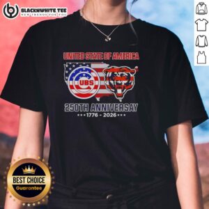 Alt Text: Original Chicago Sport Teams USA 250th Anniversary map and flag design on a ladies tee, celebrating 1776-2026.