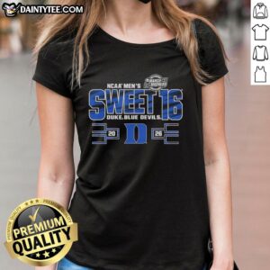 Alt Text: Duke Blue Devils NCAA Men's Sweet 16 2026 March Madness ladies tee featuring team colors and logo.