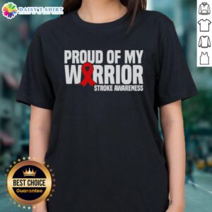 Top Proud of My Warrior Red Ribbon Stroke Awareness Ladies Tee showcasing support for stroke awareness in stylish design.