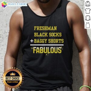 Stylish freshman outfit featuring black socks, baggy shorts, and a fabulous tank top, perfect for casual campus wear.