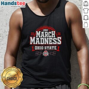 Official Ohio State Buckeyes March Madness 2026 men's basketball tank top featuring team colors and logo design.