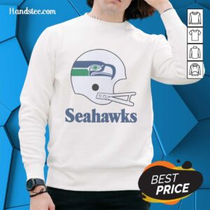 Alt Text: Awesome Seattle Seahawks football logo featured on a big helmet sweatshirt, perfect for fans and game day attire.