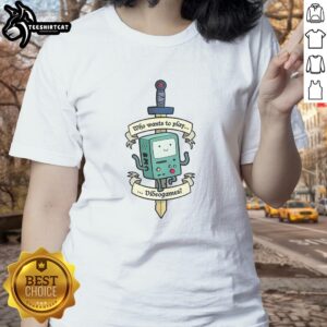 Funny 'Who Wants to Play Videogames' Adventure Time BMO ladies tee, perfect for fans of the show and gaming enthusiasts.