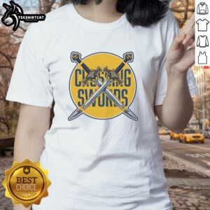 Alt Text: Premium Crossing Swords Podcast logo on a stylish ladies tee, perfect for fans of engaging discussions and entertainment.