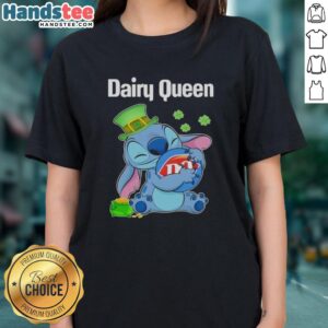 Original Stitch Hug The Dairy Queen Logo Happy St. Patrick's Day Ladies Tee in vibrant green design.