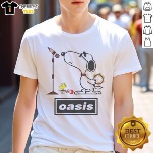 Pretty Oasis Snoopy and Woodstock T-shirt featuring a vibrant design of beloved characters in a relaxing setting.