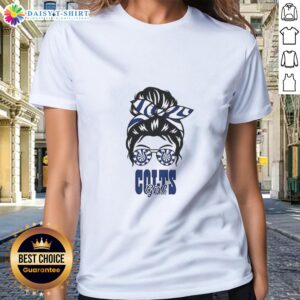 Awesome Indianapolis Colts girl in messy bun and glasses wearing a stylish ladies tee, showcasing team spirit.