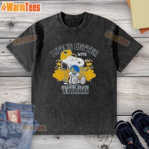 Cute Snoopy holding Golden State Warriors logo on a washed t-shirt, perfect for fans. Life is better with Warriors!