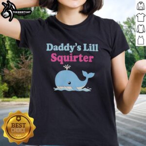 Cute blue whale graphic on Daddy's lil squirter ladies tee, perfect for baby outfits and playful summer wear.