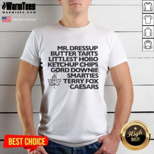 Mr. Dressup-inspired T-shirt featuring butter tarts, ketchup chips, and Gord Downie, perfect for fans of Canadian culture.