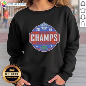 Good Florida Gators 2025 SEC Women's Gymnastics Champions sweatshirt featuring team colors and logo.