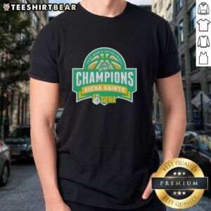 Alt Text: Top Siena Saints 2026 MAAC Hoops Men's Basketball Tournament Champions T-Shirt showcasing team pride and victory.